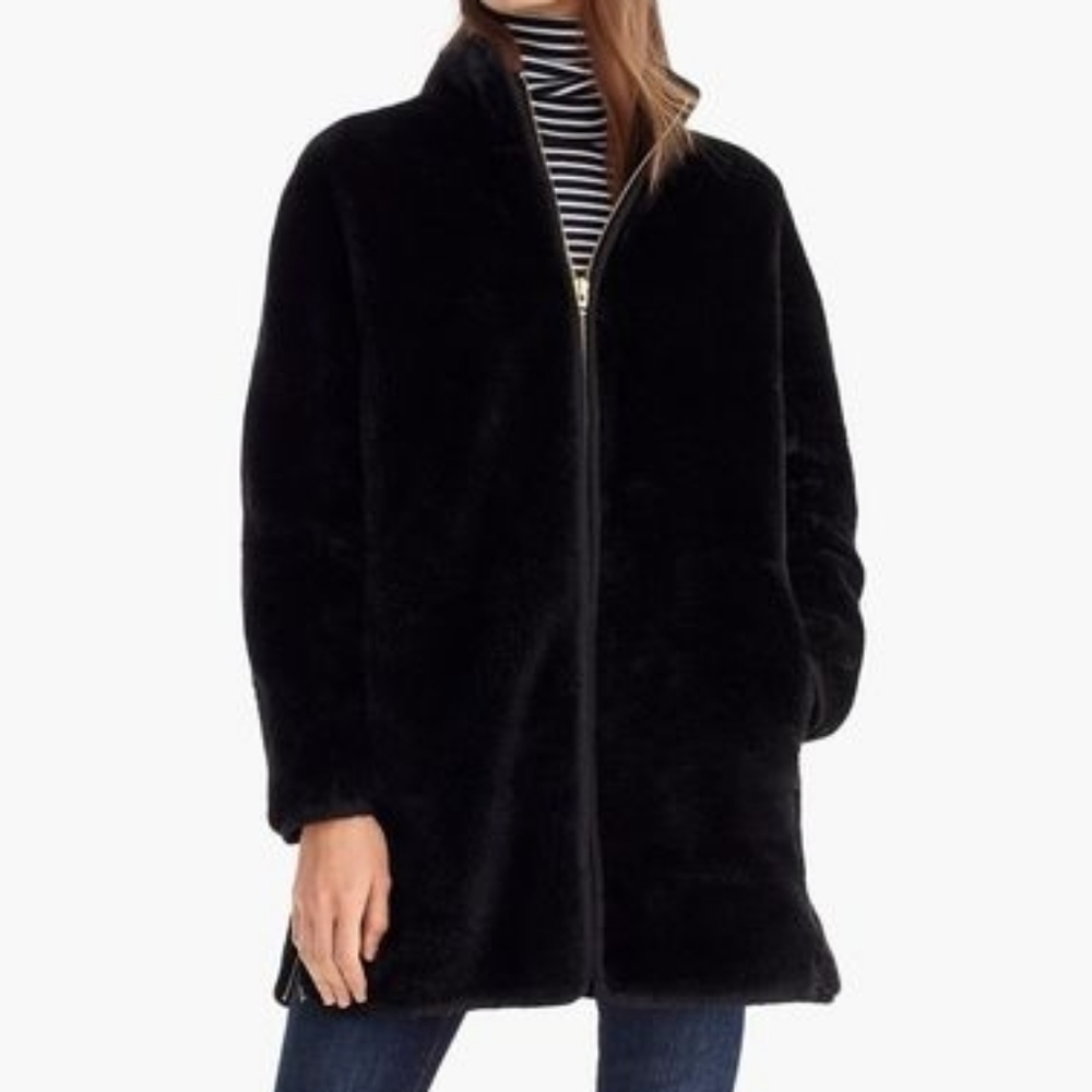 J.Crew Women's Black Faux Zip-Up Plush Fleece Coat🖤✨️